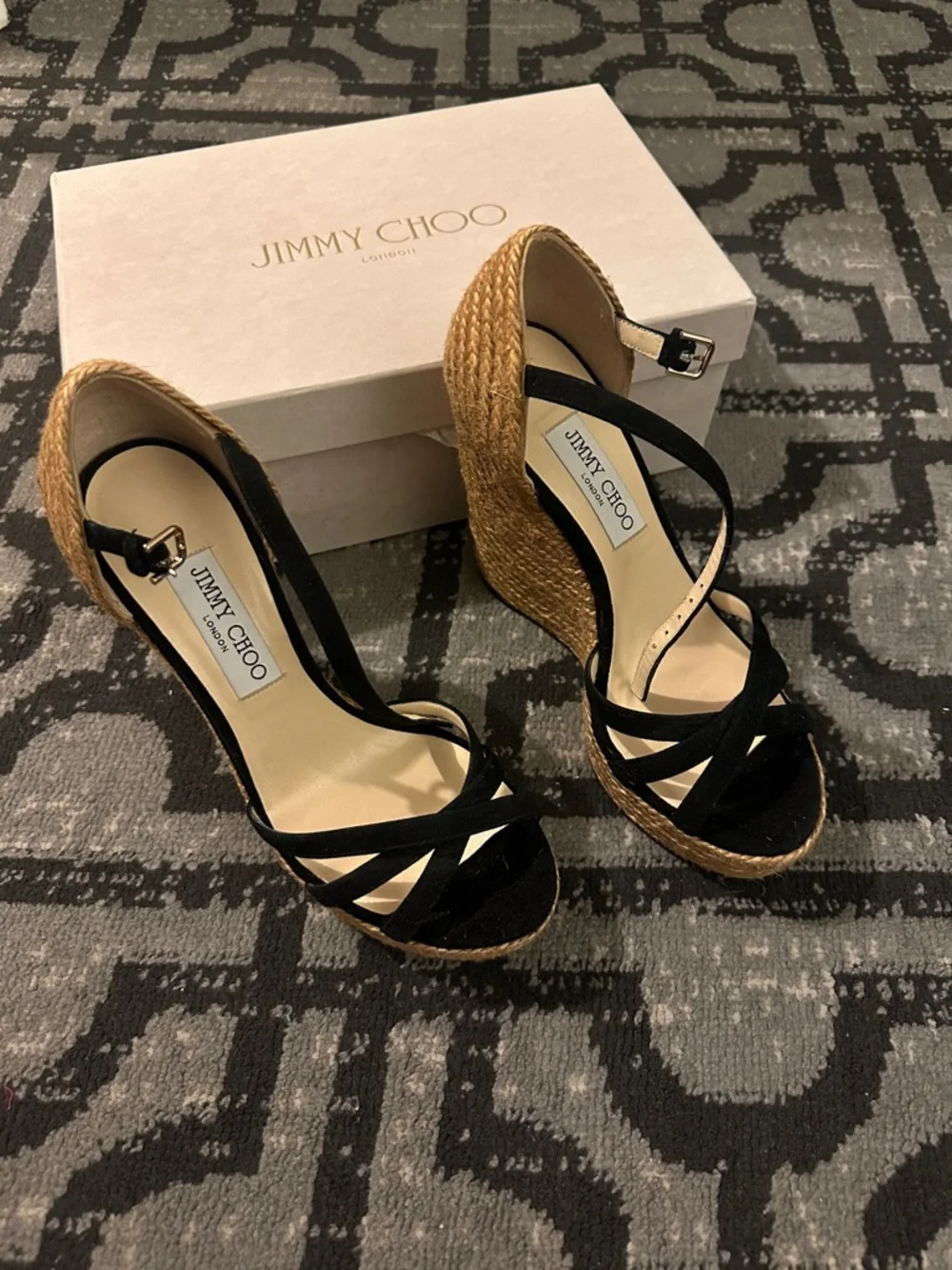 Jimmy Choo Black Suede Espadrille Wedge Sandals